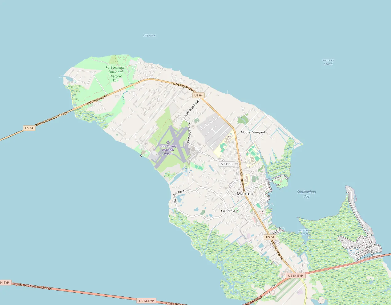 Map of the hotel and selected nearby places: Scarborough Inn; North Carolina Aquarium on Roanoke Island, Fort Raleigh National Historic Site, Roanoke Island Festival Park